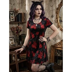 Vtg Pinc 1X Velvet Dress Rose Floral Whimsigoth Dark Romantic Moody 90s